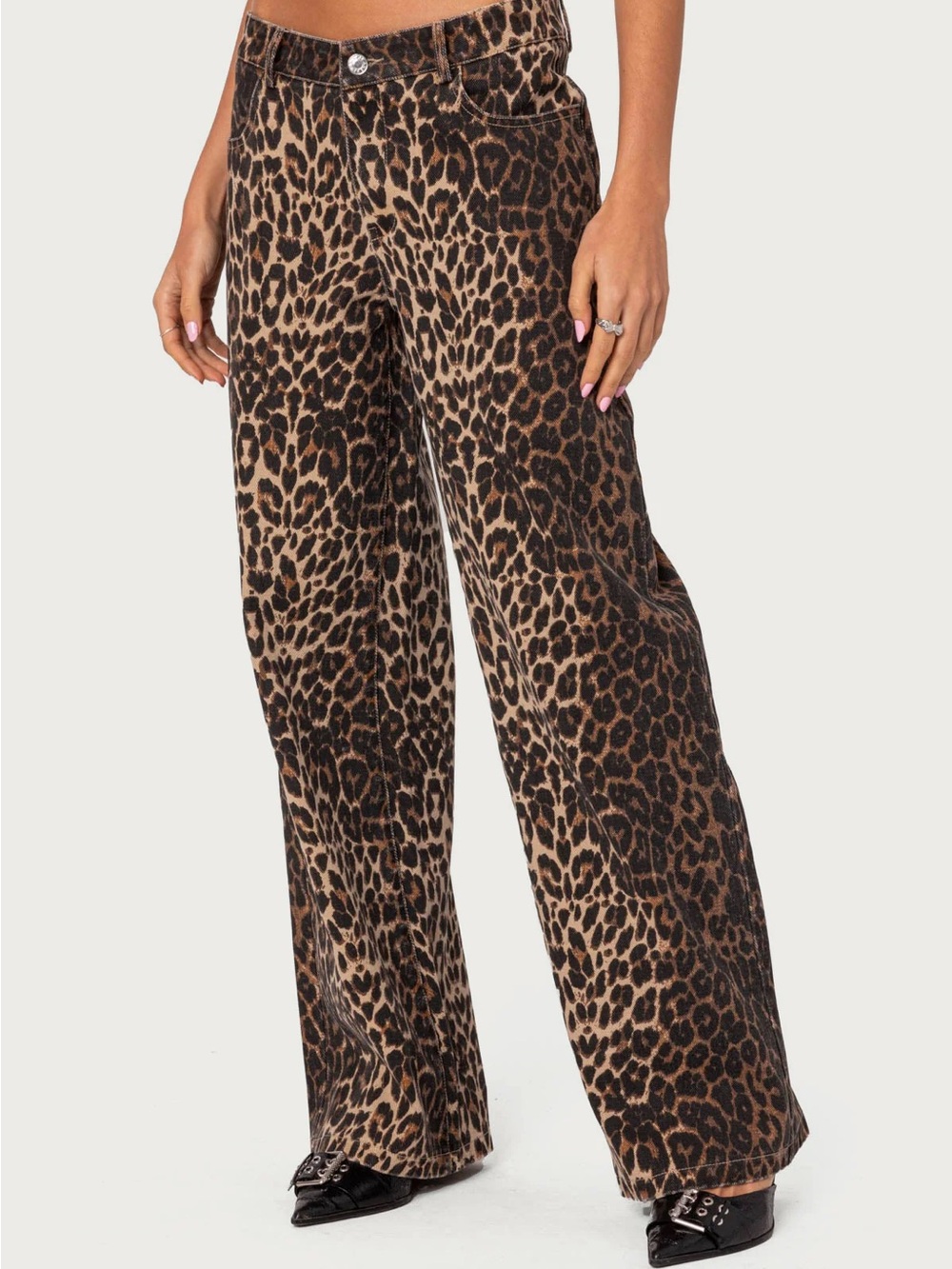 Edikted Leopard Print Straight Leg Jeans - Size Medium